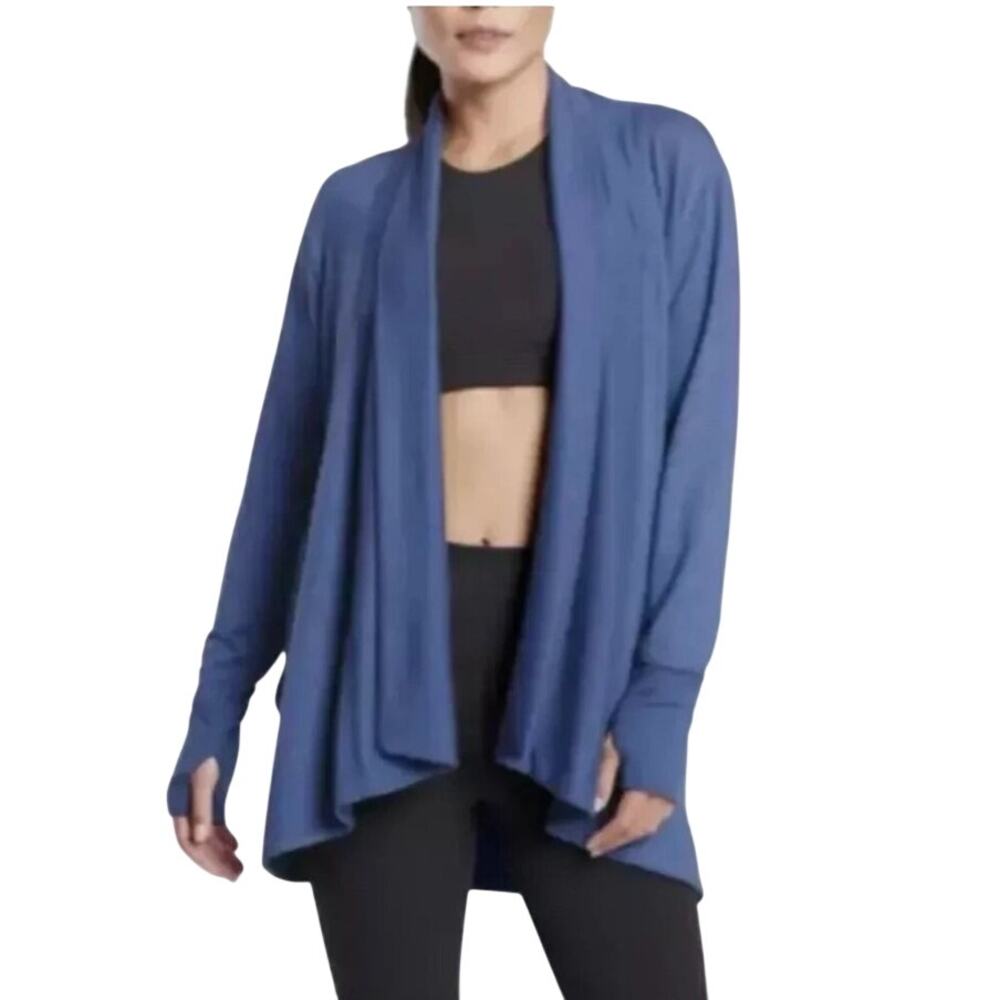 Athleta Pranayama Long Blue Open Cardigan With Thumbholes OVERSIZED Size Small